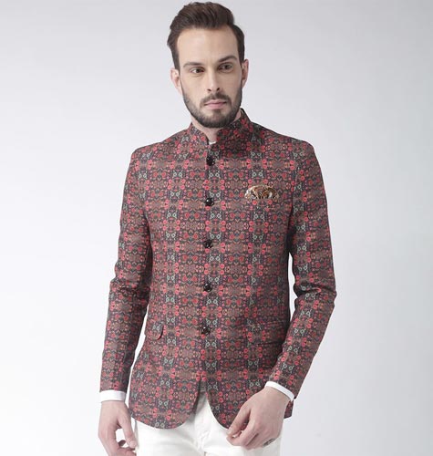 Men Black & Red Printed Regular Fit Single Breasted Ethnic Blazer